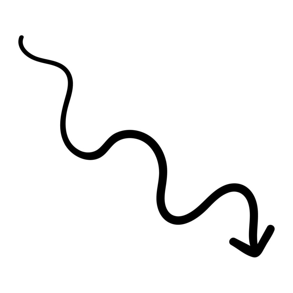 Single hand draw black and white spiral down arrow in doodle style isolated on white background. flat illustration sketch design element.Icon in wave shape. vector