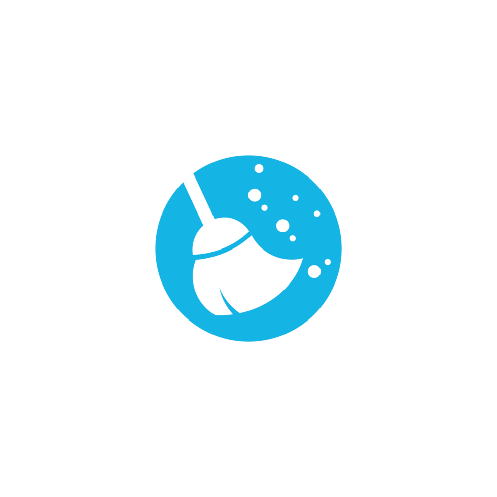 A blue and white logo with a broom and a dust pan png