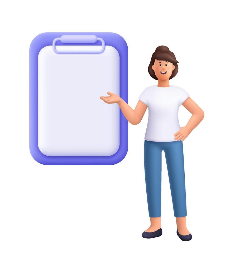 Young smiling woman showing, pointing at empty clipboard, blank document. Business concept. 3d people character. Cartoon minimal style. vector