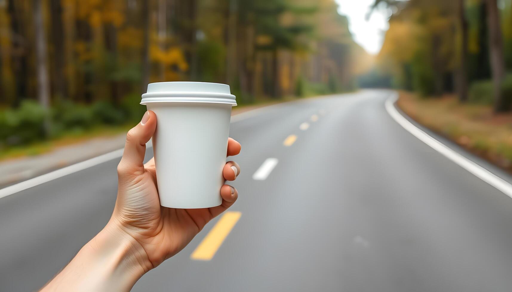 A hand holding a blank white coffee cup on empty road mockup with blurry forest background photo