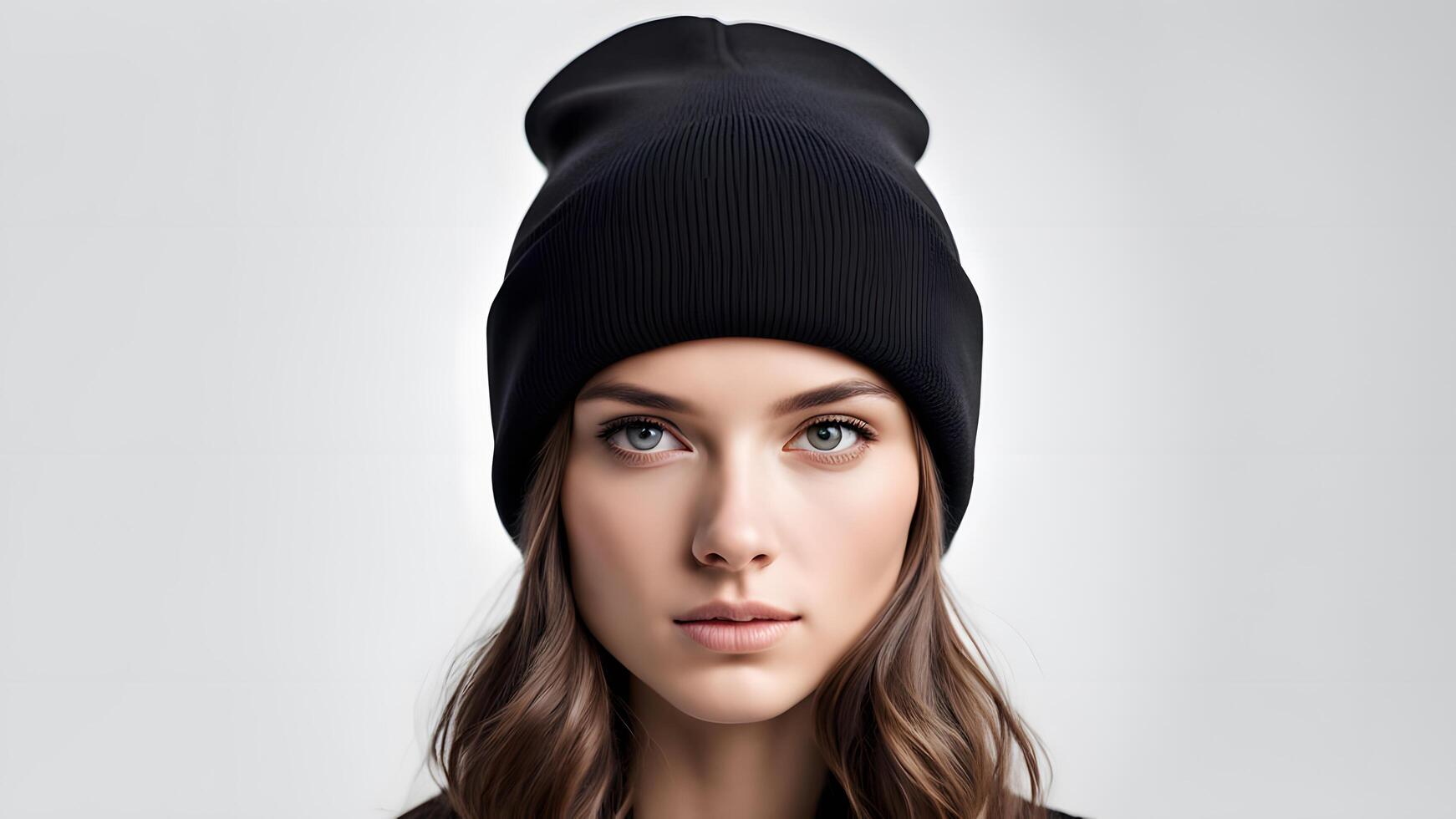 A blank black beanie hat is showcased against a pristine white background for design mockup purposes photo