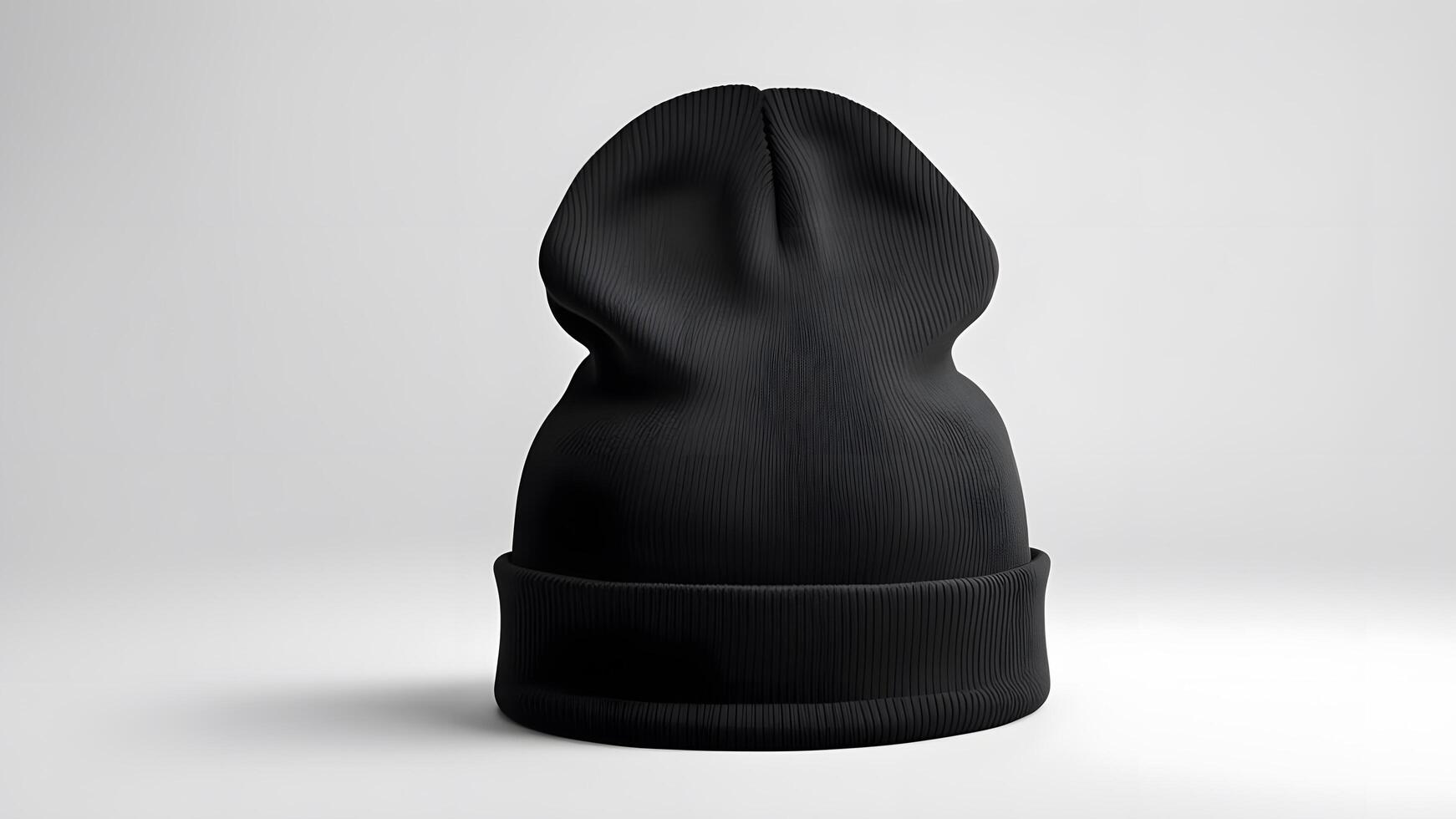 A blank black beanie hat is showcased against a pristine white background for design mockup purposes photo