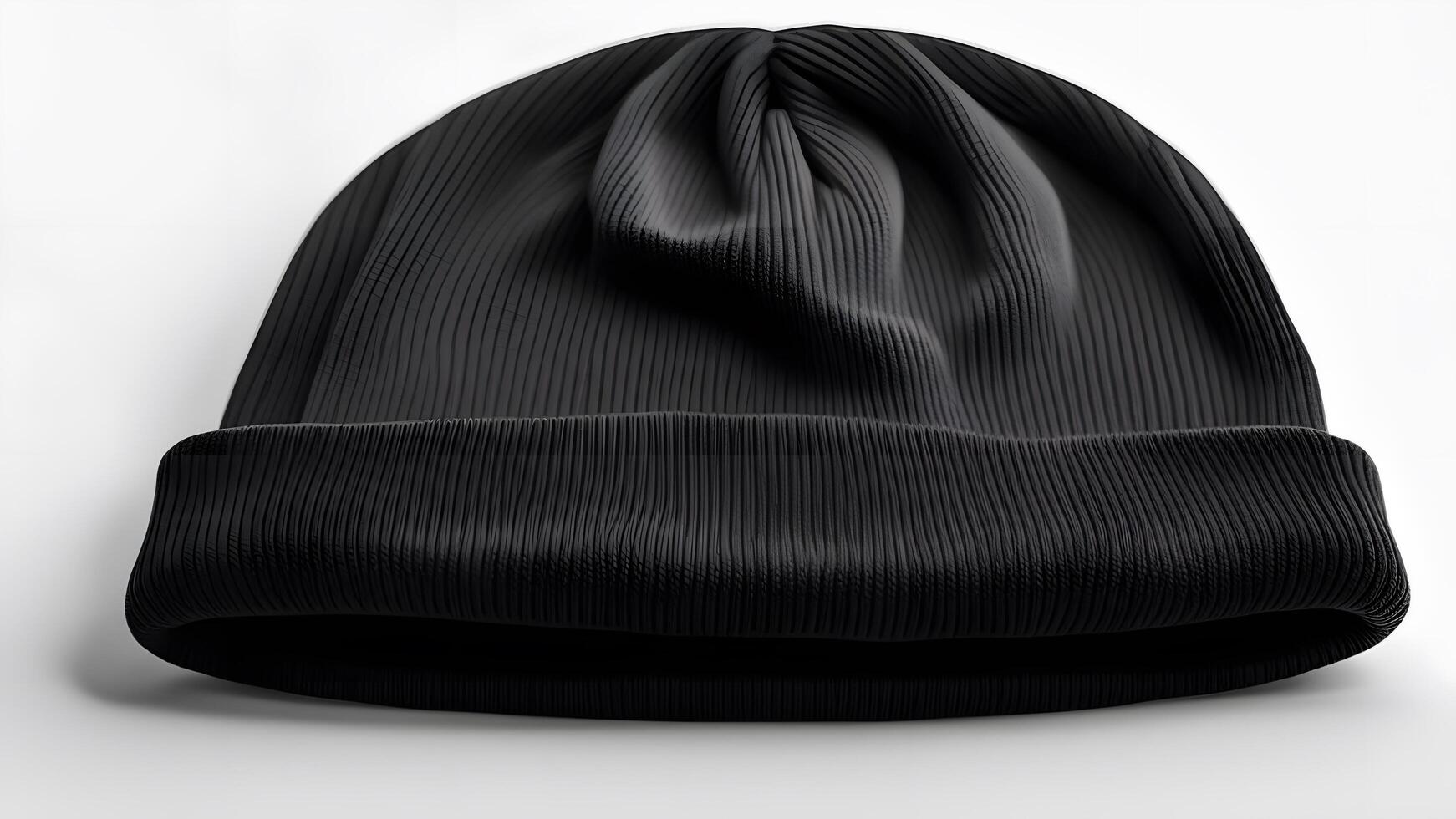 A blank black beanie hat is showcased against a pristine white background for design mockup purposes photo
