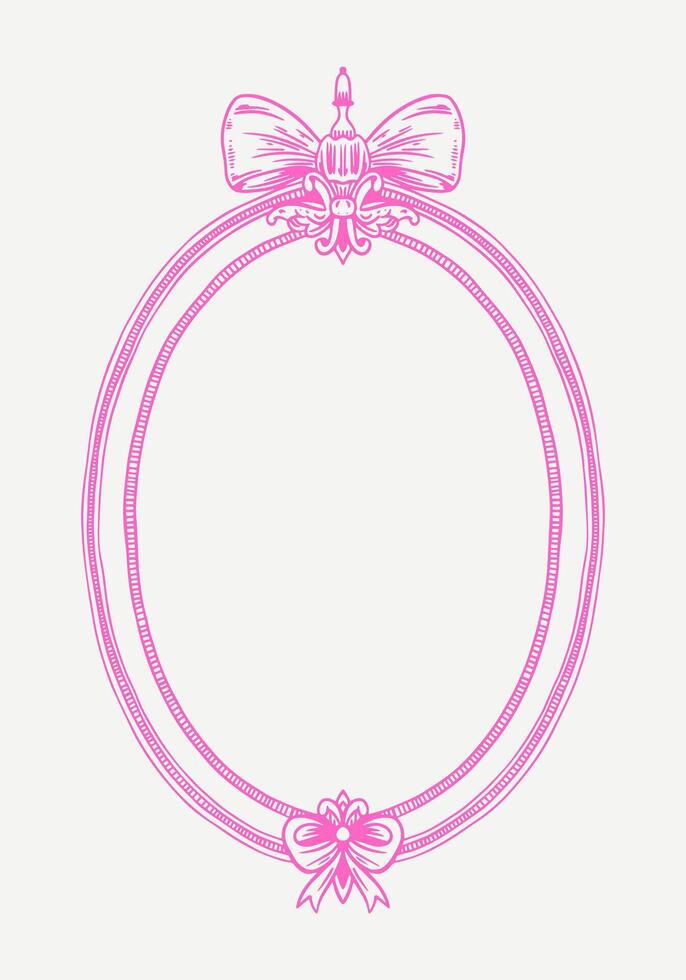 Hand-drawn frame with elegant bows and ribbons in a minimalist, girly style. Perfect for wedding invitations, birthday cards. Includes pink, boho, and baroque elements in a classic, feminine design vector