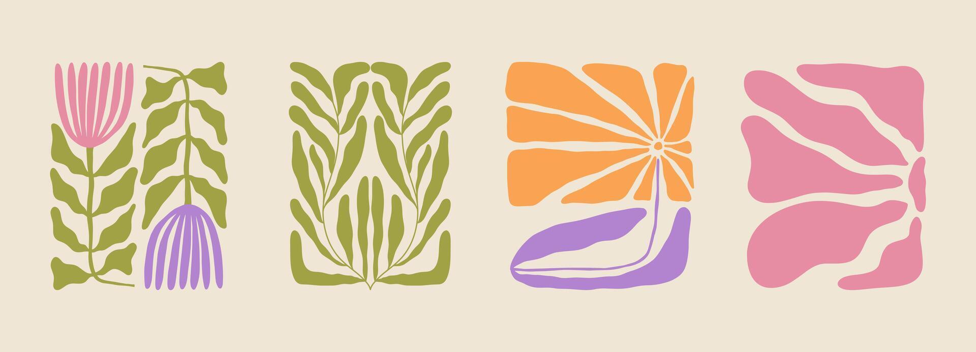 Trendy aesthetic posters with abstract groovy floral shape with flowers and leaves. Simple irregular wild plants. Naive funky prints for wall art, interior decorations. Boho summer illustrations vector