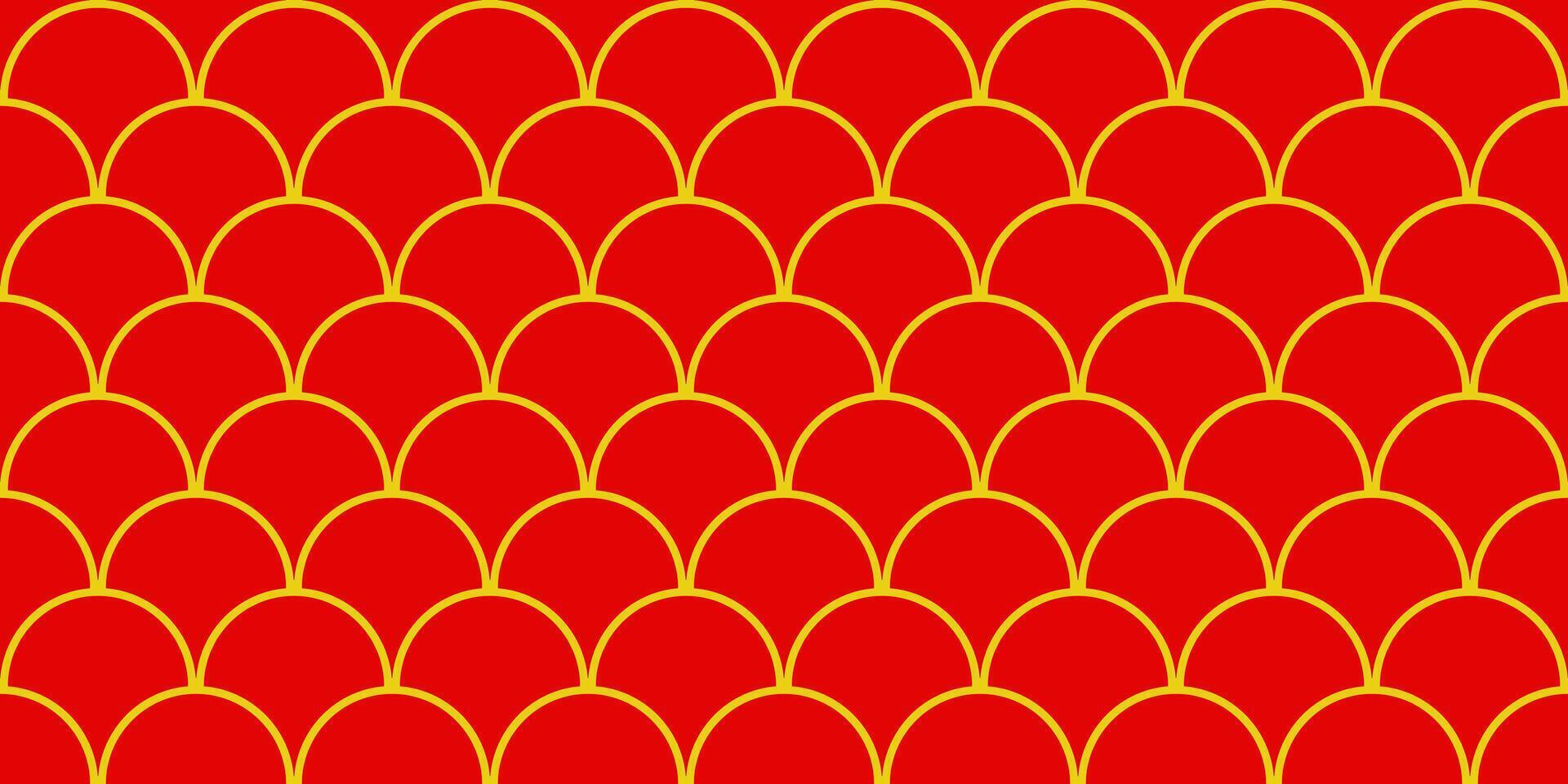 Geometric Asian line art seamless pattern with oriental traditional shapes flowers ornament, waves. Red and gold Japanese print for lunar chinese new year decoration. Luxury retro illustration vector