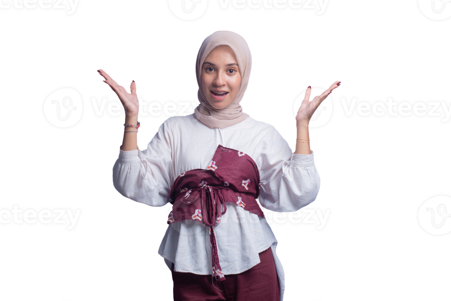 A woman in a hijab is holding up her hands png