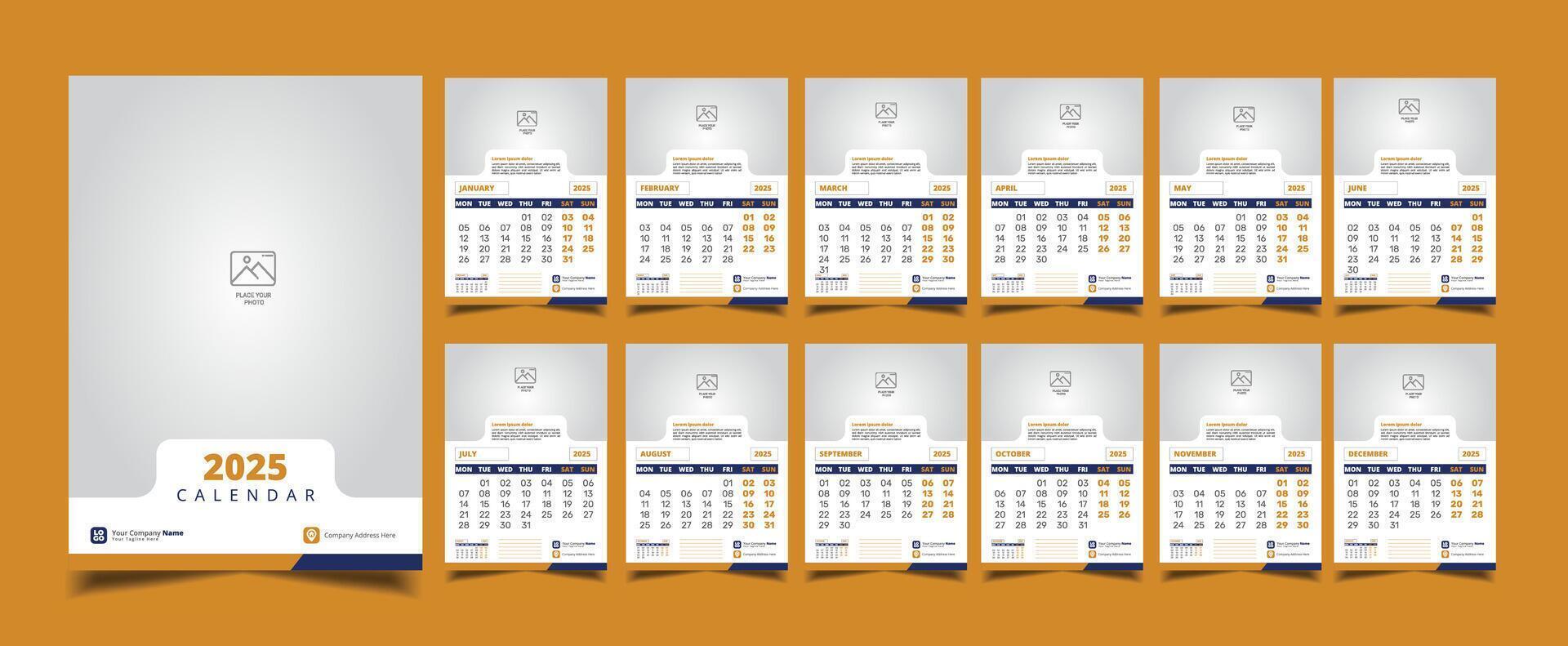 Wall Calendar 2025 Template Design 12 page vector