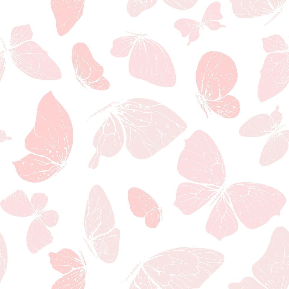Delicate pink butterflies flying with wings in the form of inversion of silhouette with patterns. Graphic line art drawn by hand. seamless pattern on a white background. vector