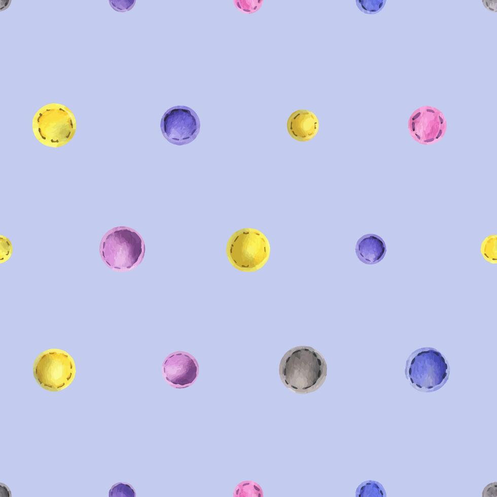 Beads sewn from felt fabric, different colors of yellow, blue, gray, pink with thread stitches. Watercolor illustration, hand drawn. Seamless pattern on a lilac background. vector