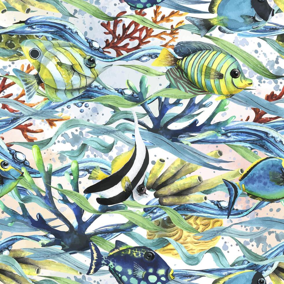 Coral reefs with algae, waves of water, fish, sea sponges, bubbles. Watercolor illustration. Seamless pattern on a white background from the collection of TROPICAL FISH. For fabric wallpaper textiles vector