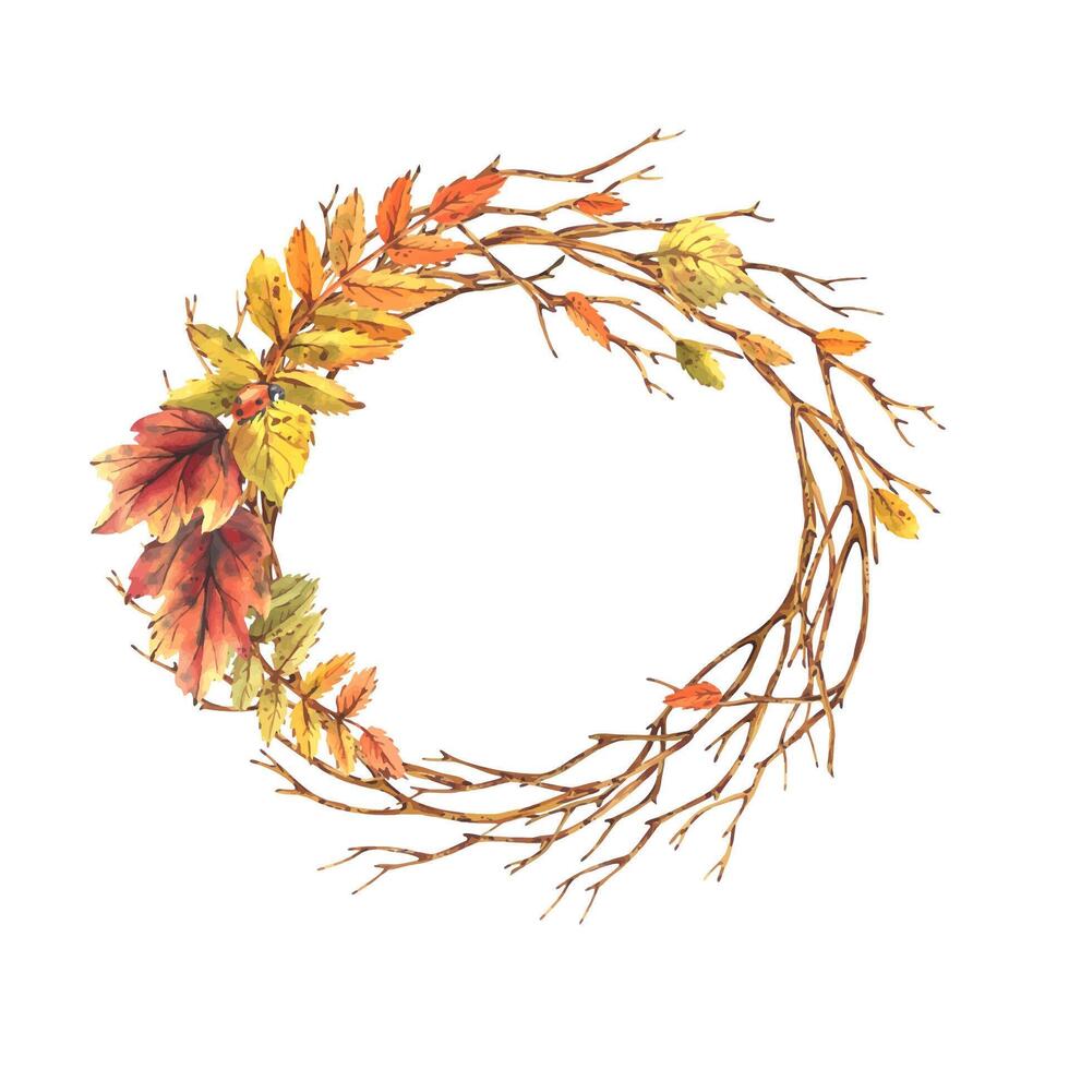Autumn rowan leaves, maple, birch, tree branches and ladybugs. Watercolor illustrations. Round frame wreath isolated from background vector