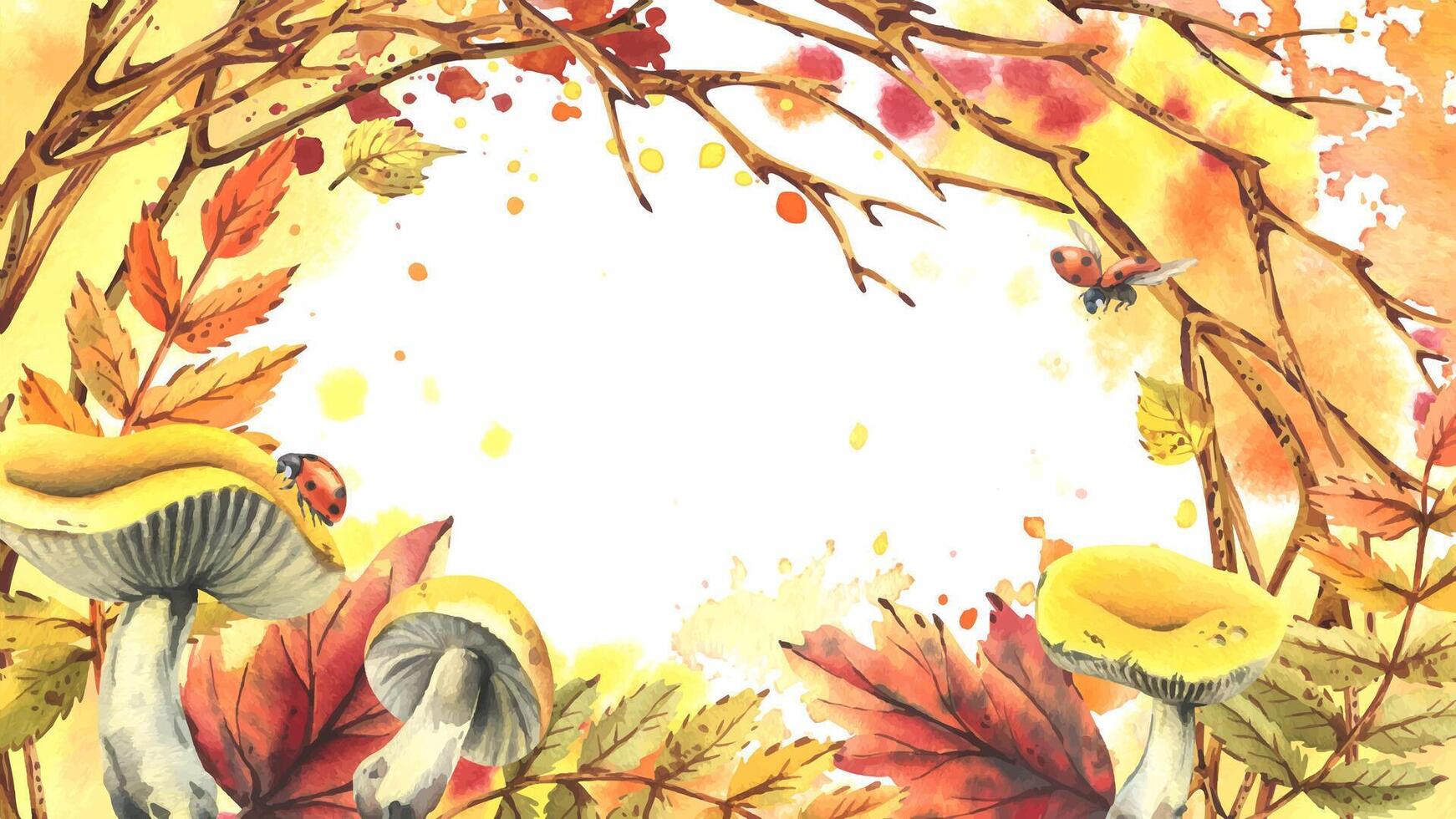 Autumn rowan leaves, maple, birch, russula mushrooms, tree branches and ladybugs. Watercolor illustrations. Horizontal Rectangular Text Frame Template vector