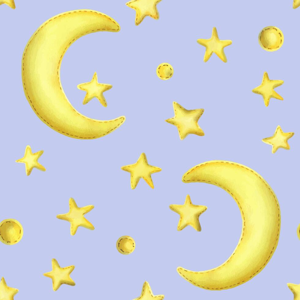 Yellow half moon with stars from fabric with thread stitches. Watercolor illustration, hand drawn. Seamless pattern on a lilac background vector