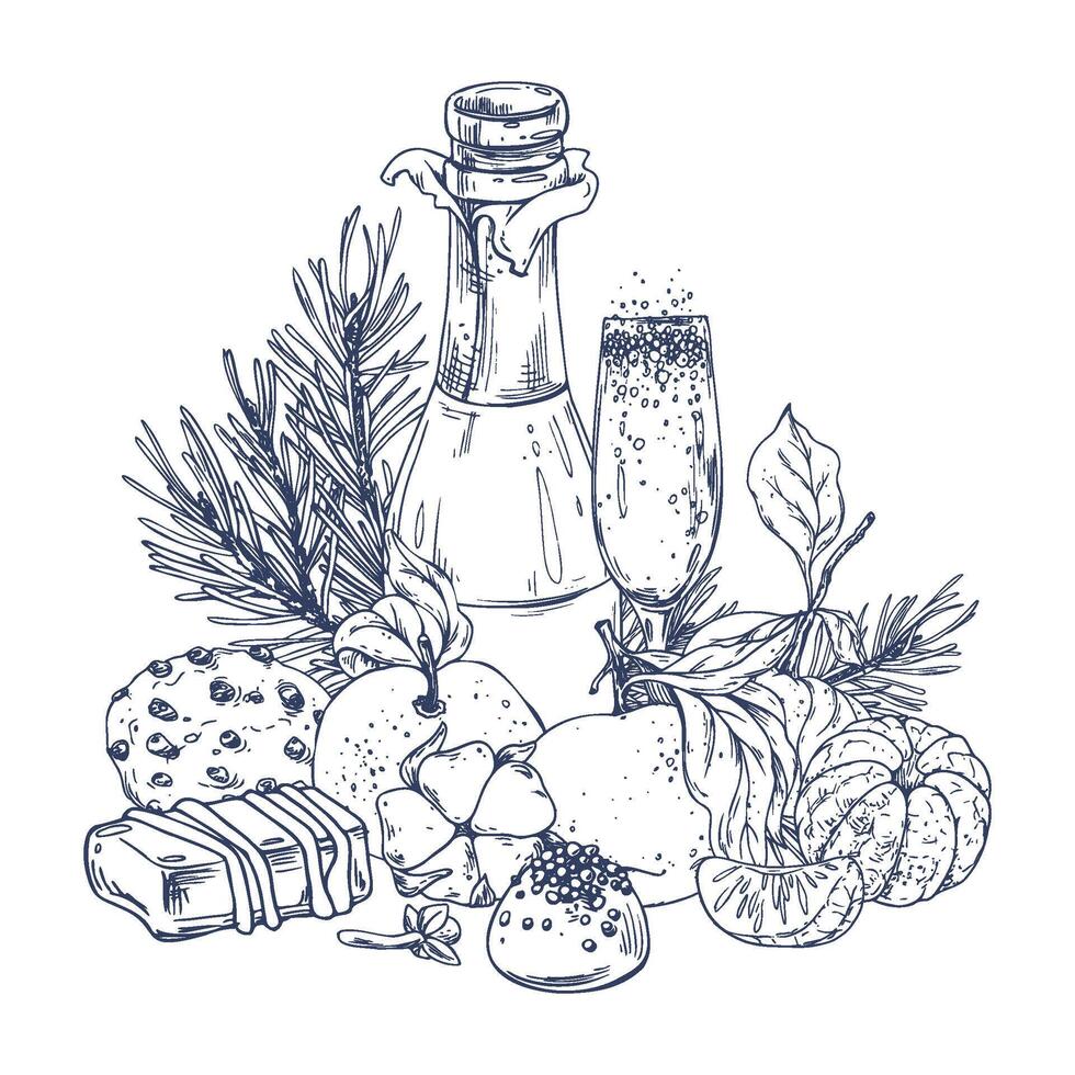 Christmas decor with tangerines, champagne. sweets and pine branches. Graphic illustration hand drawn in black ink. Composition, sublimation, arrangement EPS . vector