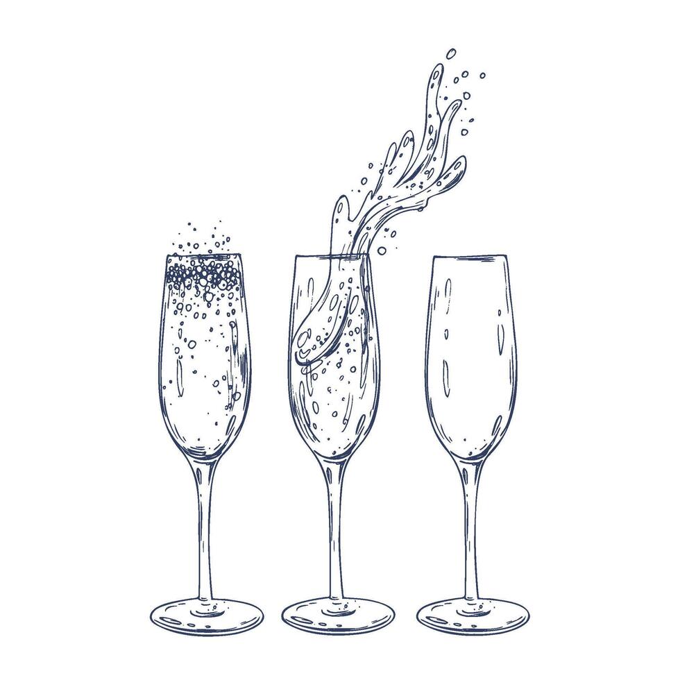 Glasses empty with champagne and with splashes. Graphic illustration hand drawn in black ink. Set of isolated objects EPS . vector
