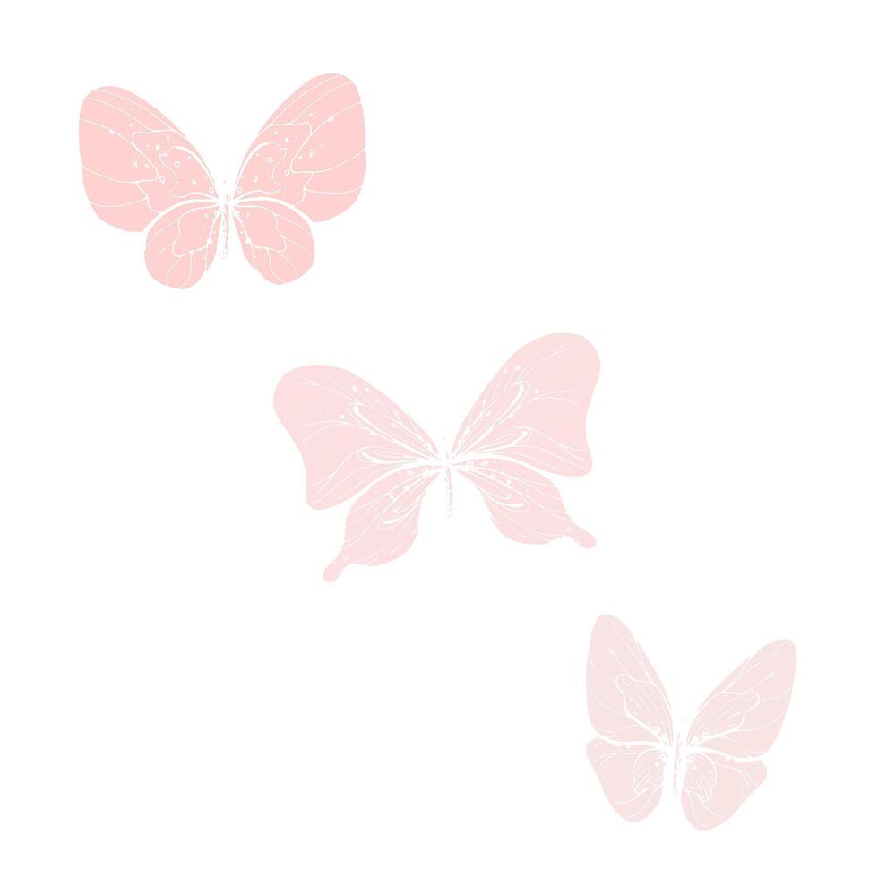 Butterflies with wings in pink colors. Delicate, romantic simple insects. Graphic illustration set of their several elements, clip art silhouettes. vector