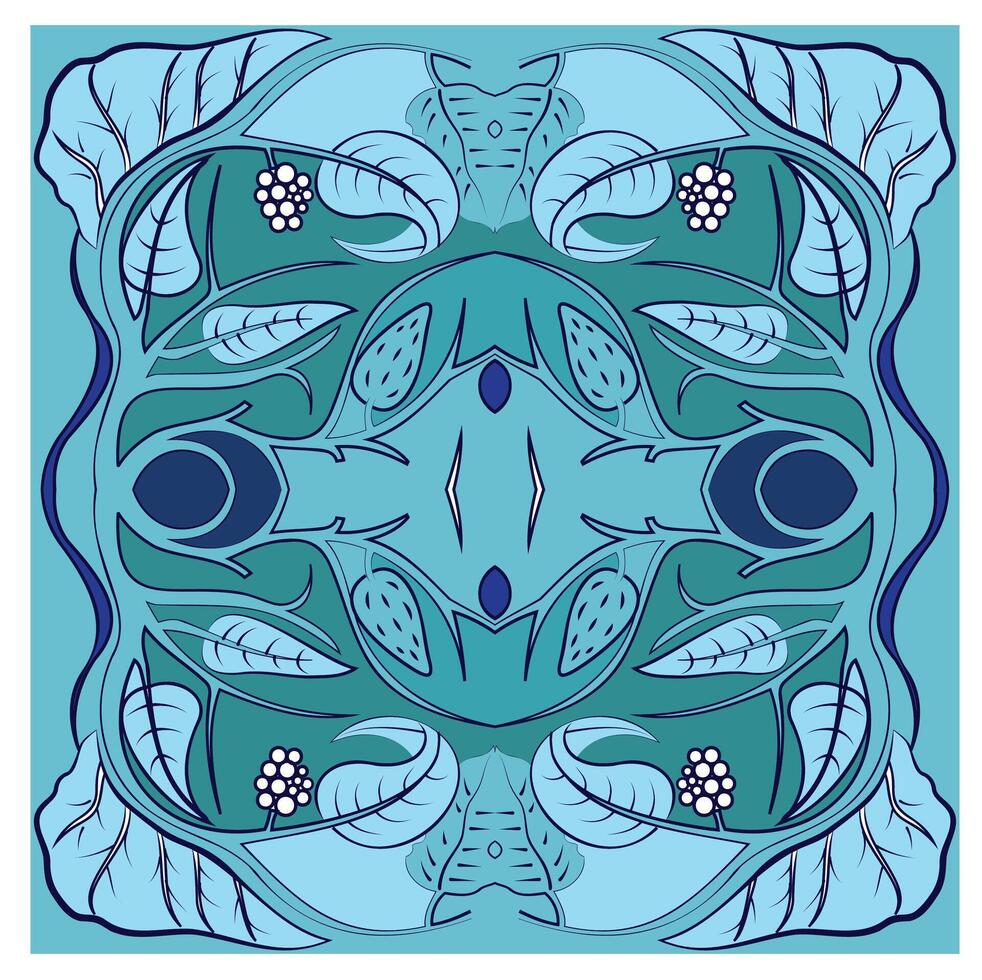 A blue and white square pattern with leaves and flowers vector