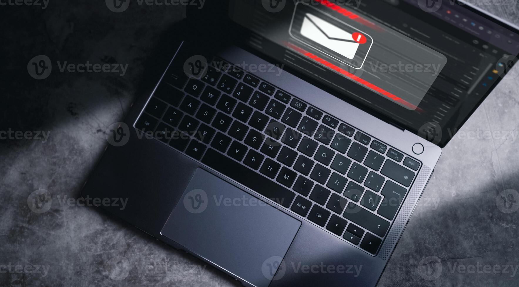 Email spam virus concept. Internet security and cybercrime. Phishing email, fraud, scam and virus warning on laptop. photo