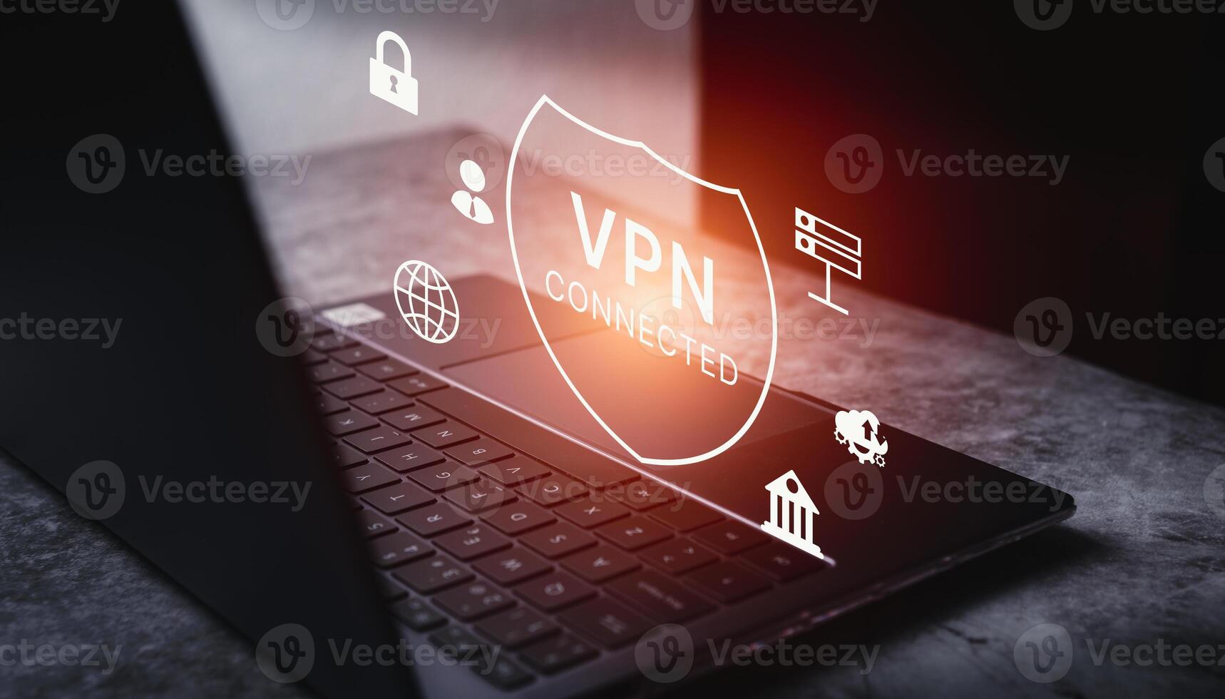 VPN Virtual Private Network protocol concept, Woman use digital tablet with vpn icon on hologram interface. VPN concept. photo
