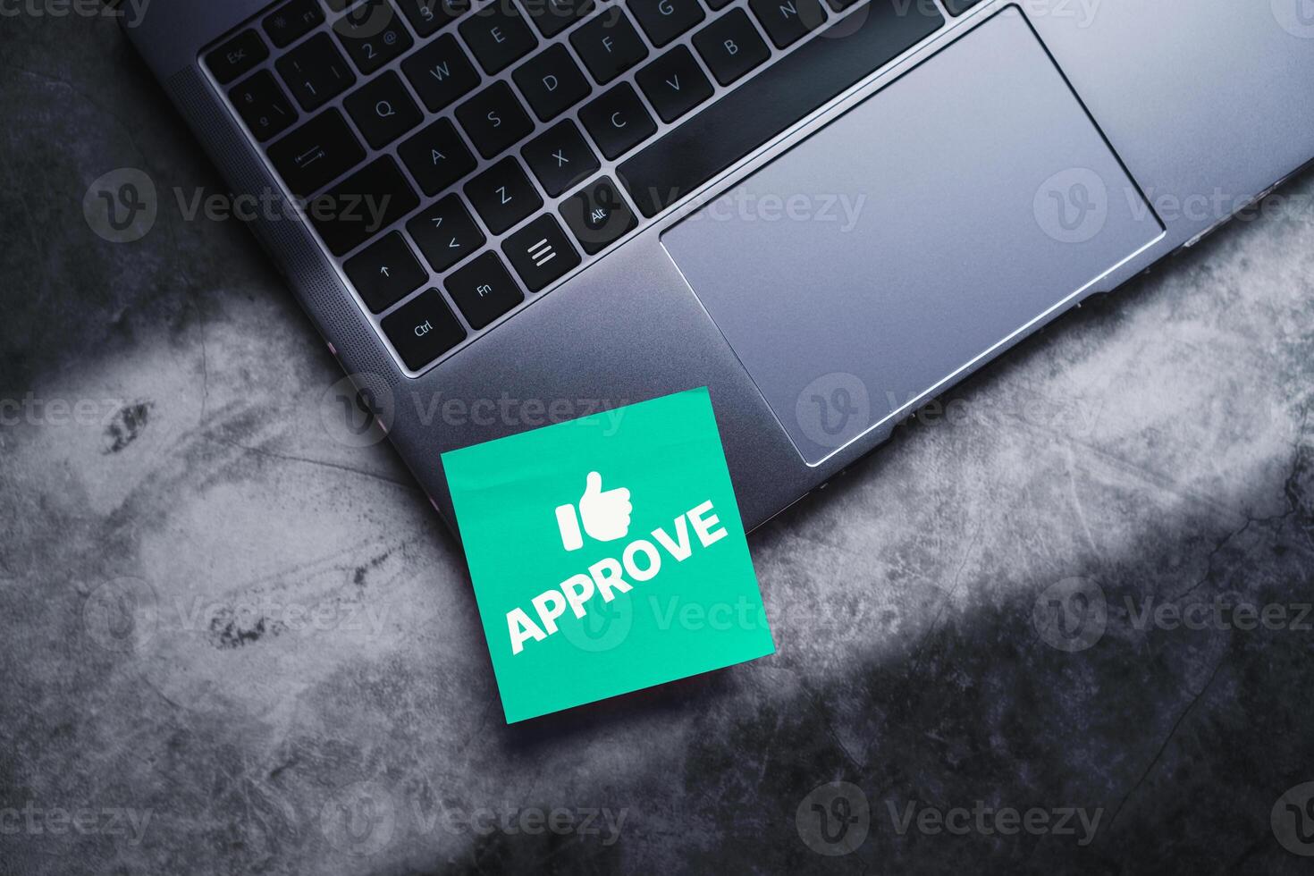 Adhesive note on laptop with approve document and project. Evaluation form. Custommer support. Questionnaire, quiz, approval and acceptance concept. photo