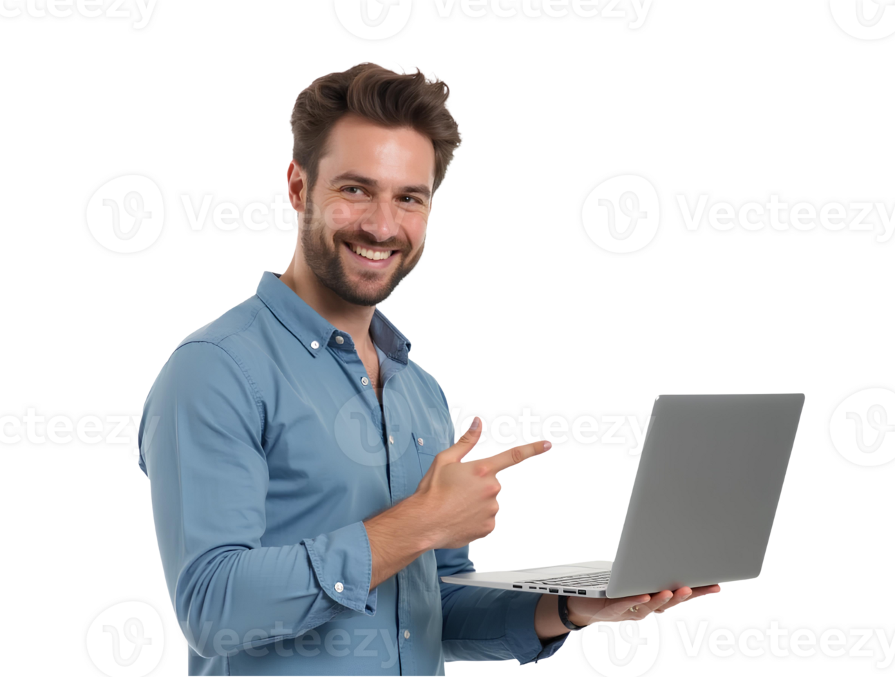 Man Holding Laptop on Transparent Background, Young Professional Businessman or Student Working on Computer for Digital Marketing, Startup Success, and Entrepreneur Banner Ads png