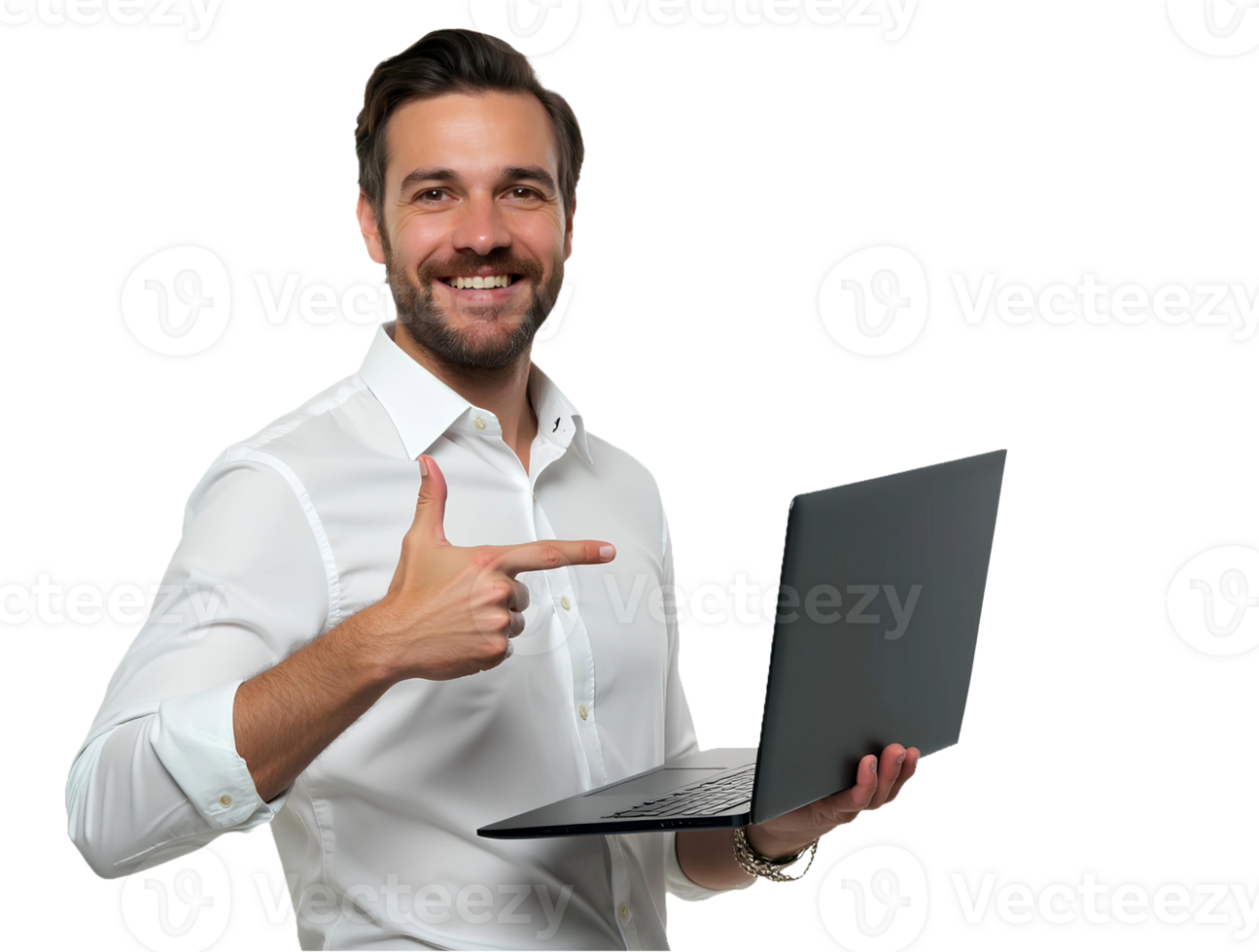 Smiling man holding and pointing at laptop on transparent background, professional young businessman or student work on PC computer for startup digital marketing entrepreneur success ad banner png