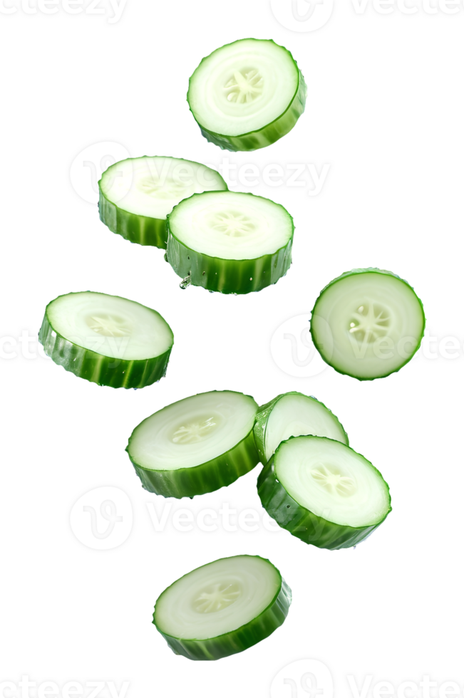 Falling cucumber slice isolated with transparent background, vegetable organic circle slices fall healthy green fresh eating png