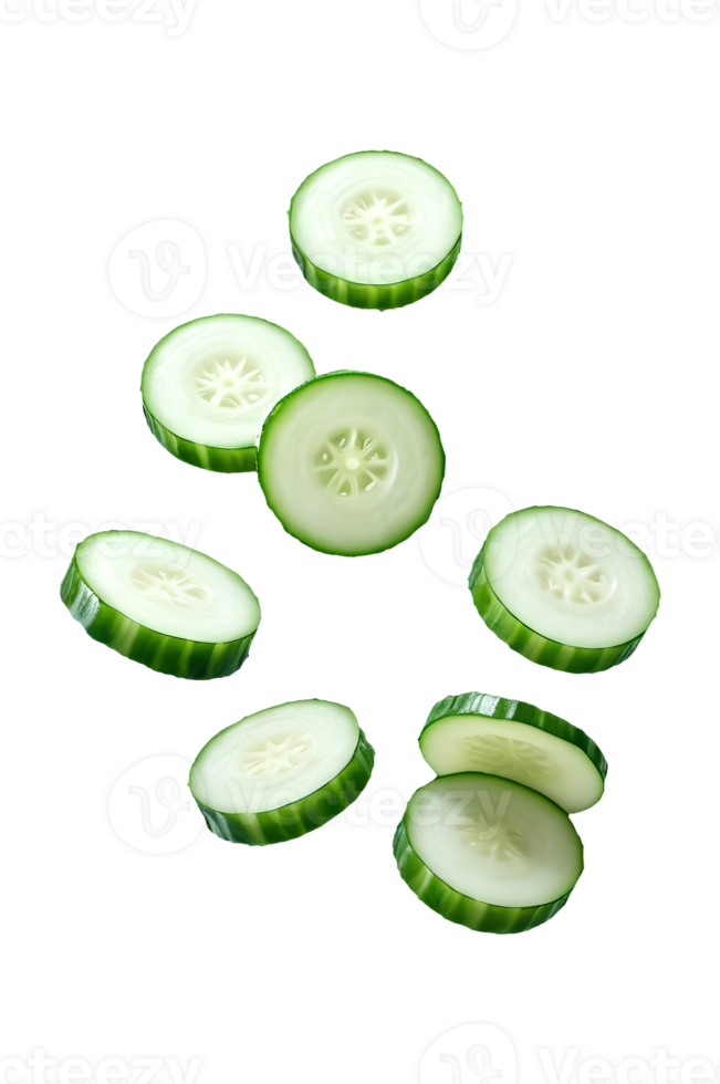 Falling cucumber slices isolated with transparent background, vegetable organic circle healthy green fresh eating png
