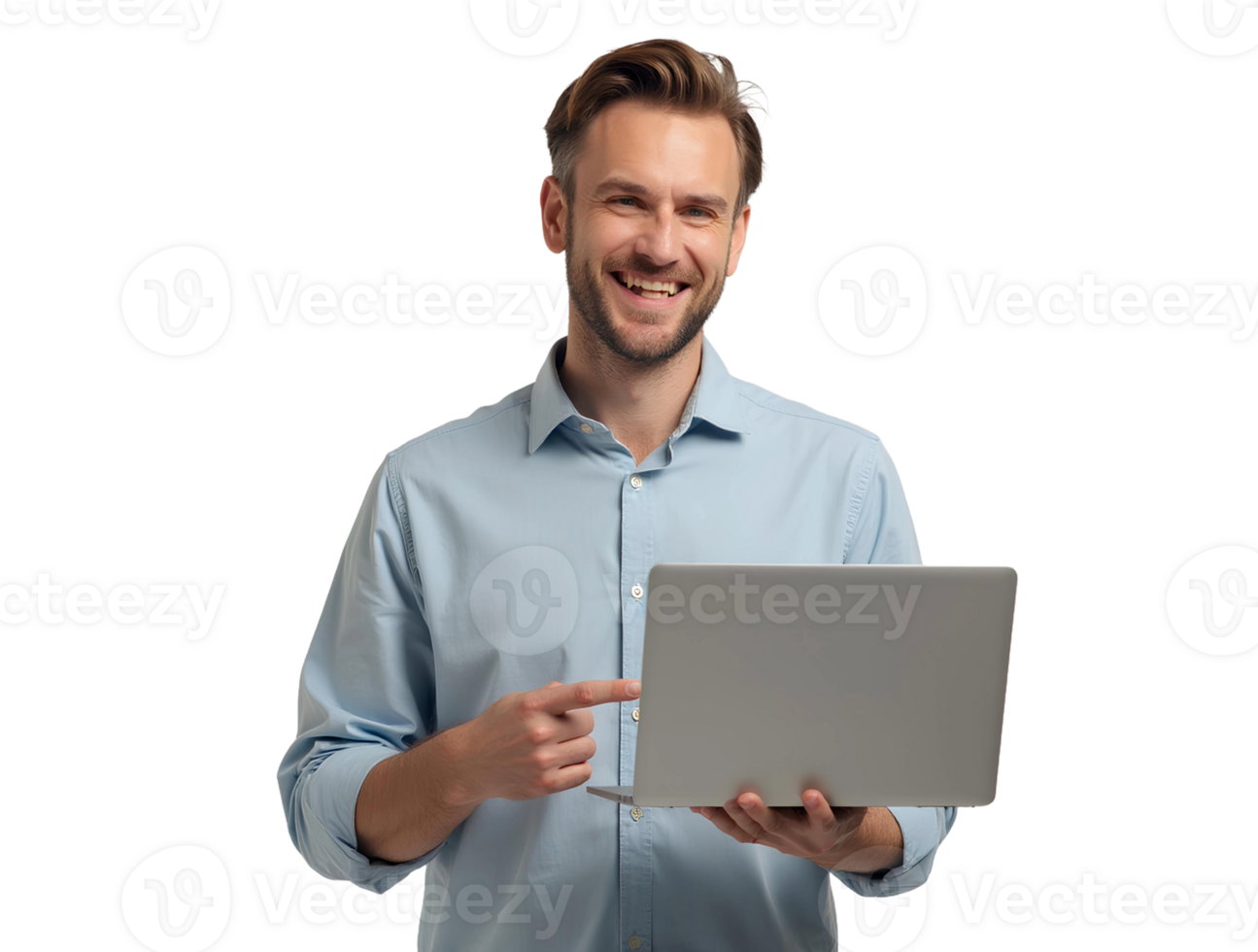 Smiling Man Pointing at Laptop on Transparent Background, Young Businessman or Student Using PC for Startup, Digital Marketing, and Entrepreneur Success Ad Banner png
