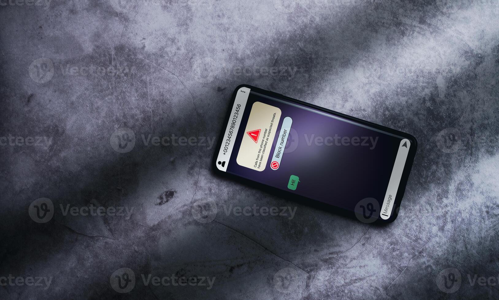 Smartphone receives message from suspected number scam. Unwanted anonymous call. Fraud and phishing phone concept. Message from stranger. photo