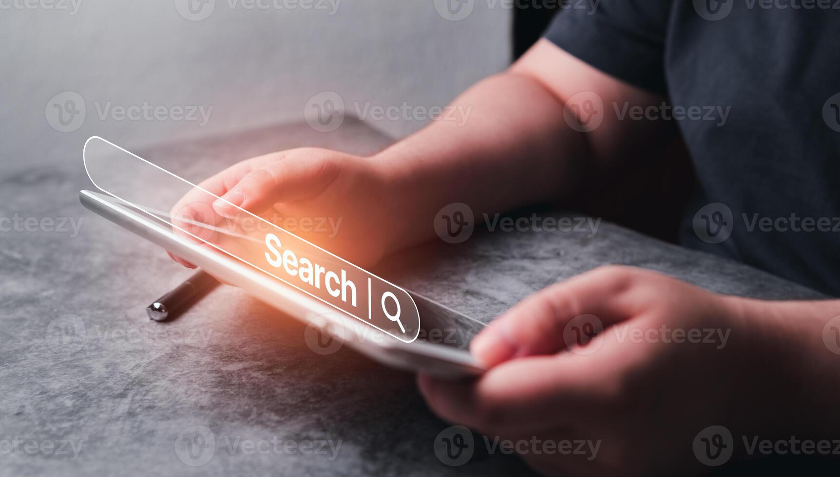 Woman use digital tablet for searching online. Data Search Technology Search Engine Optimization. SEO concept. VR interface for browsing on internet. photo
