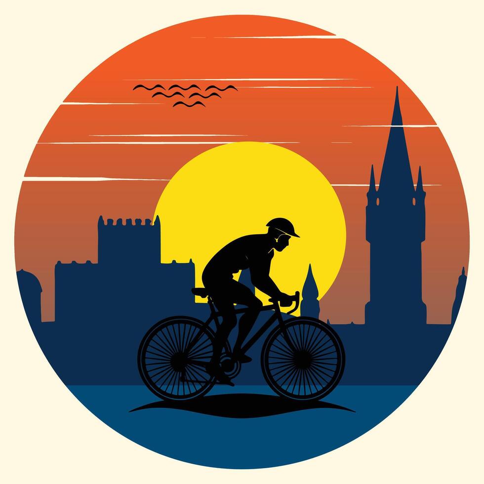A cyclist riding in front of a city at sunset vector
