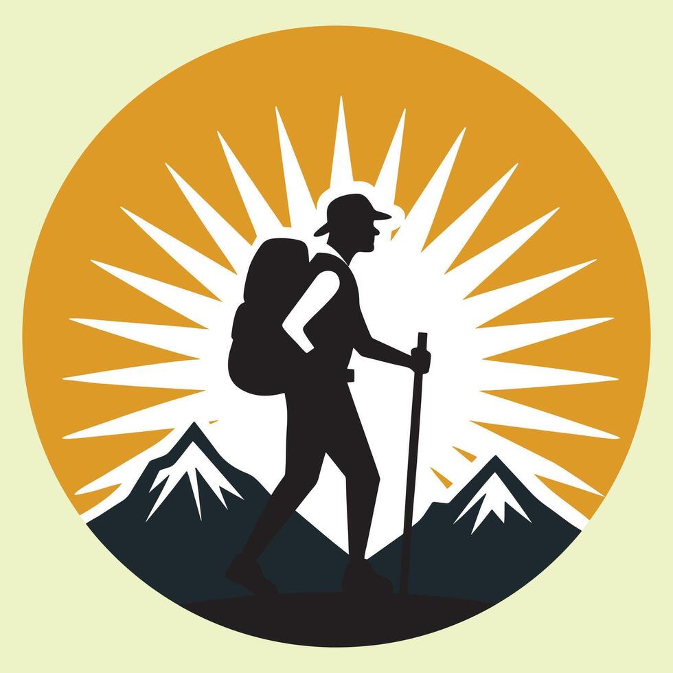 Hiker with backpack and trekking poles in the mountains vector