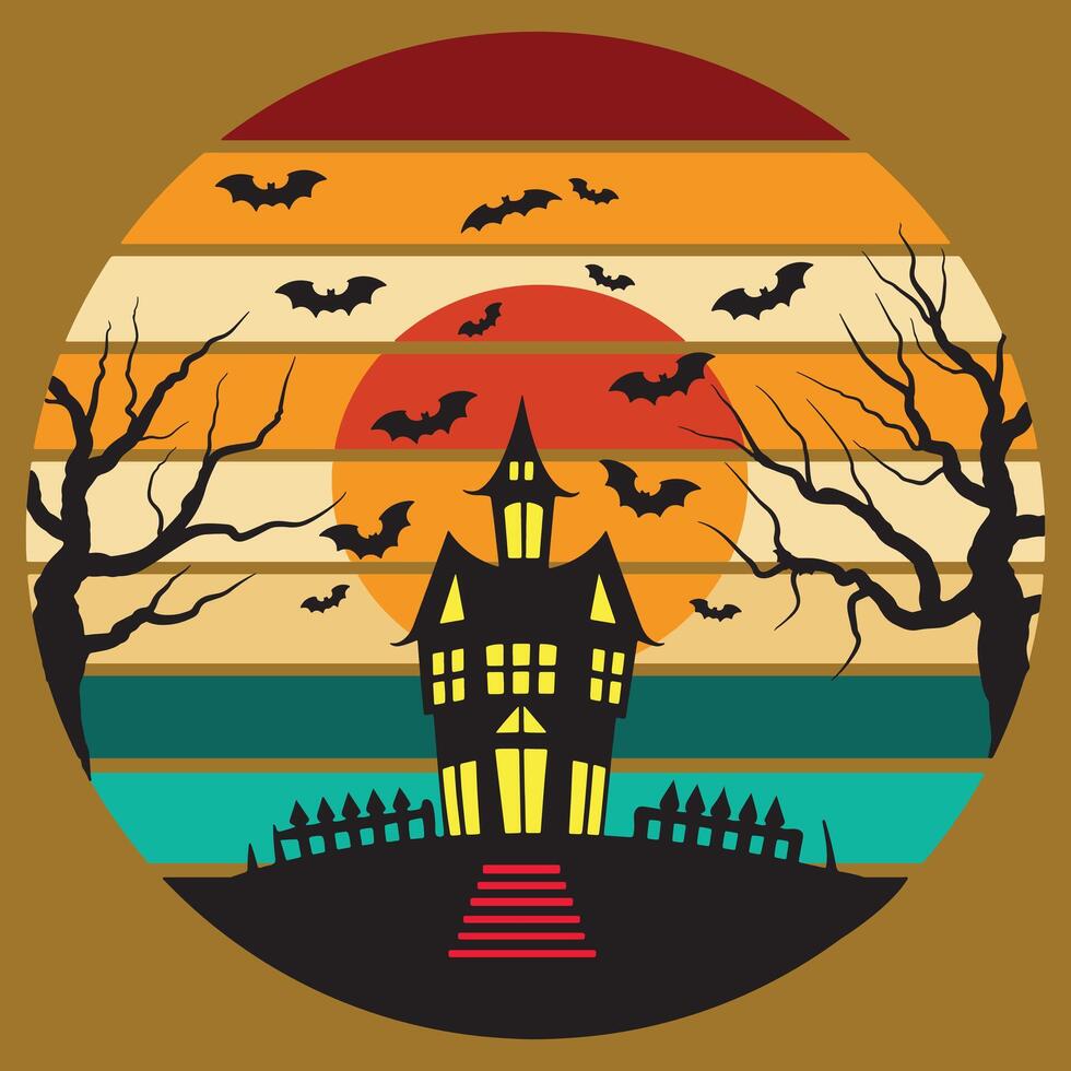 Halloween house with bats and trees in the background vector