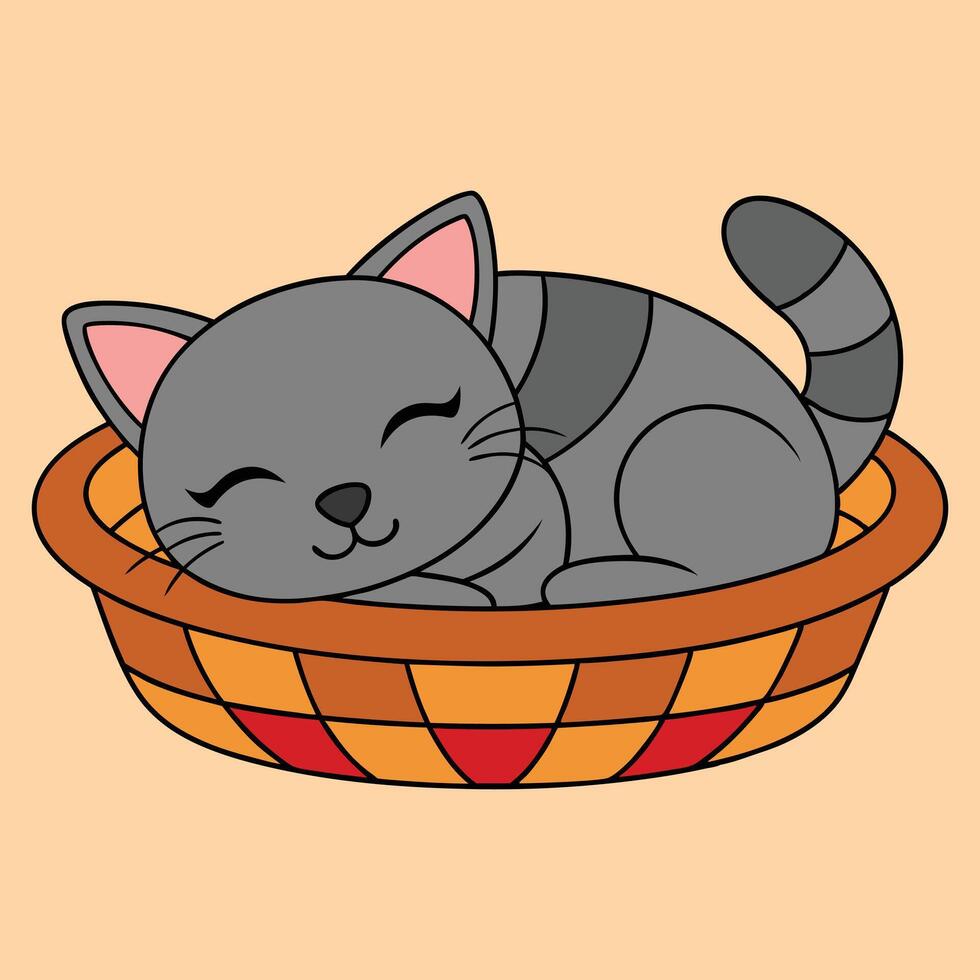 A cartoon cat sleeping in a basket vector