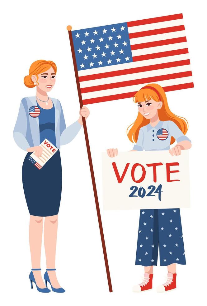 Young and Adult Women Holding USA Flag and Poster. vector