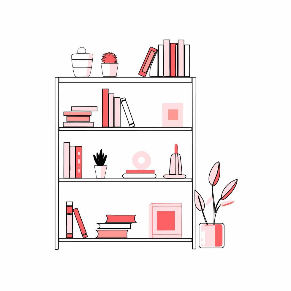 Bookshelf with books and decor illustration in minimalistic style.. vector