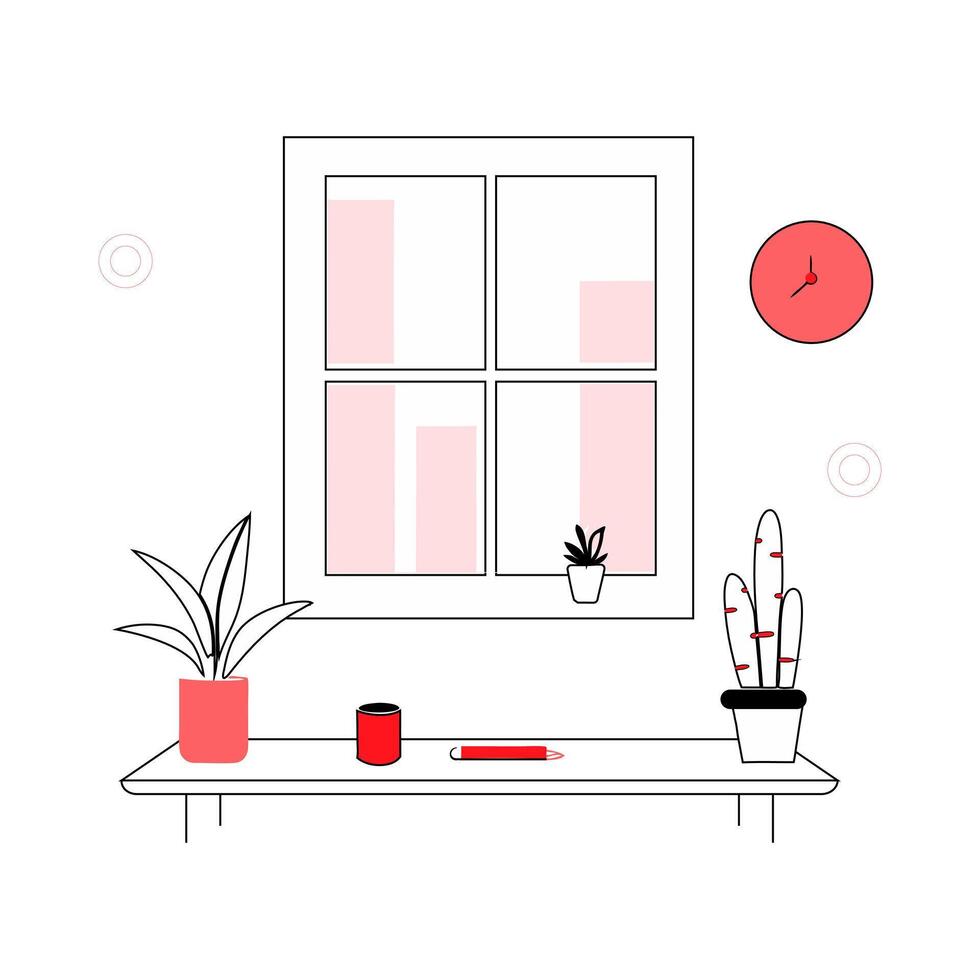 Minimalistic desk with potted plants and window background.. vector