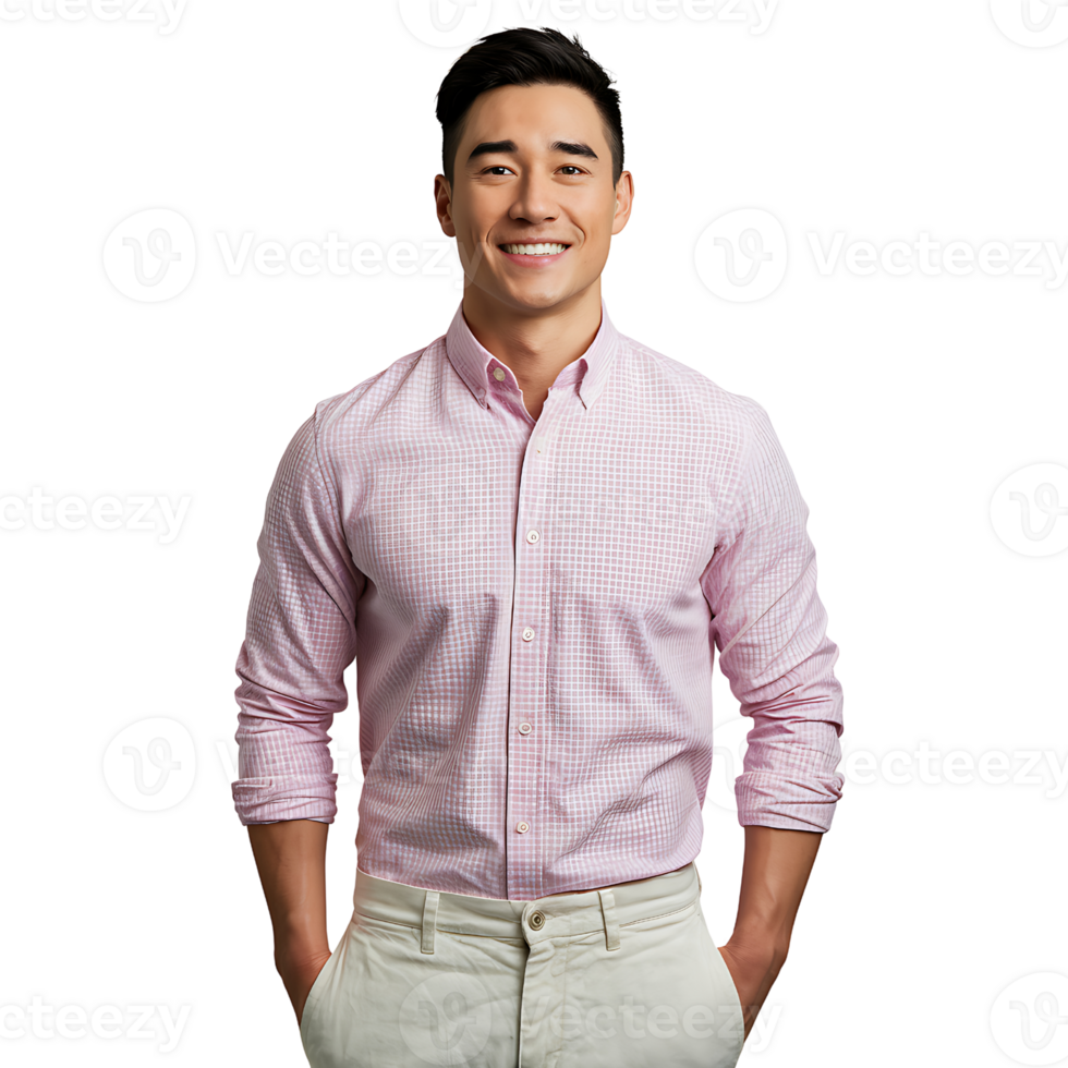 man smiling while wearing a pink shirt and khaki pants on transparent background png