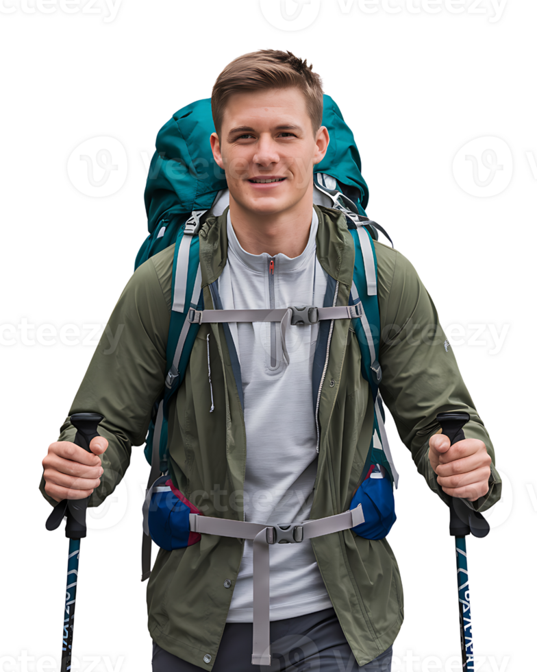 A man with a backpack and hiking poles png