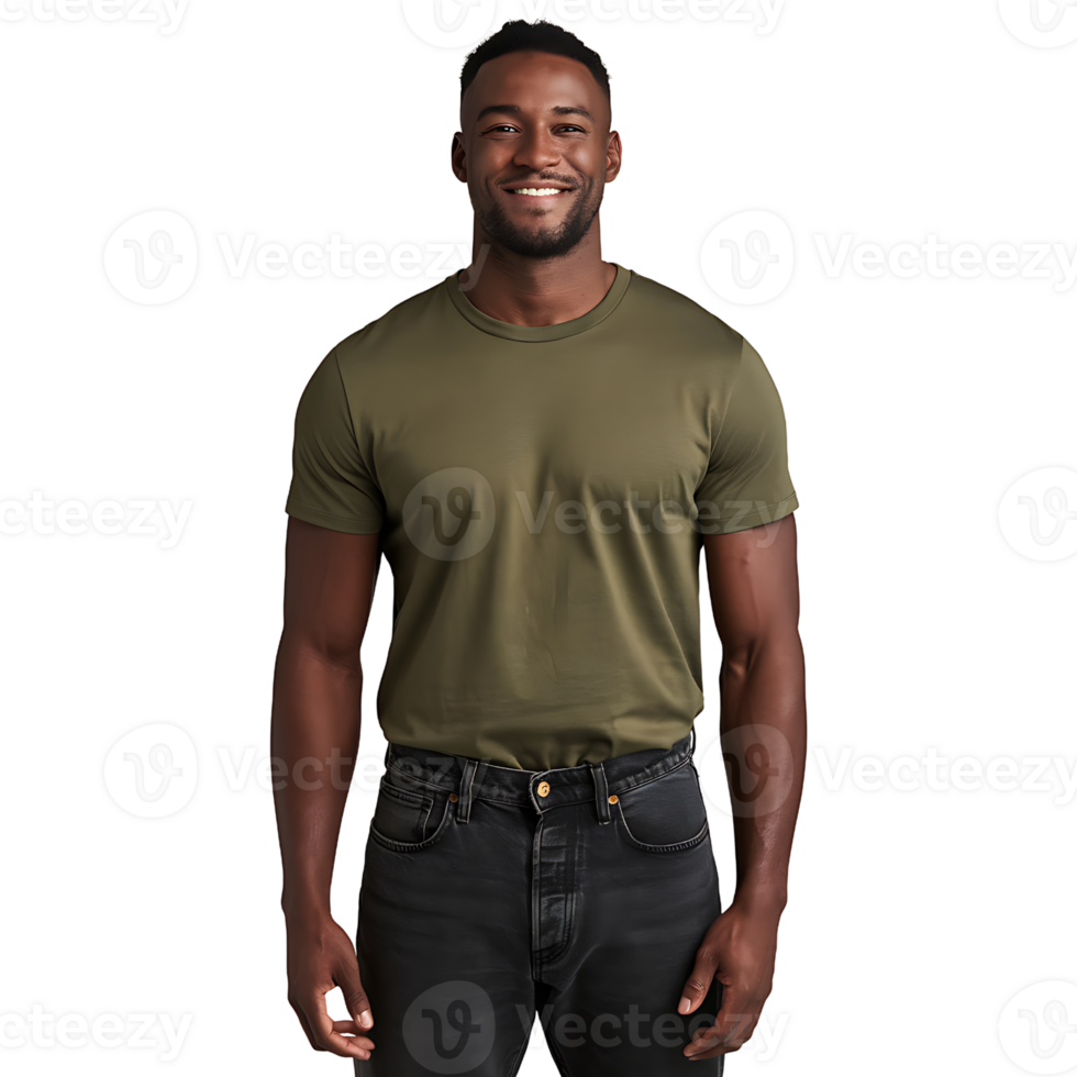 african man smiling while wearing a green shirt and black jeans on transparent background png