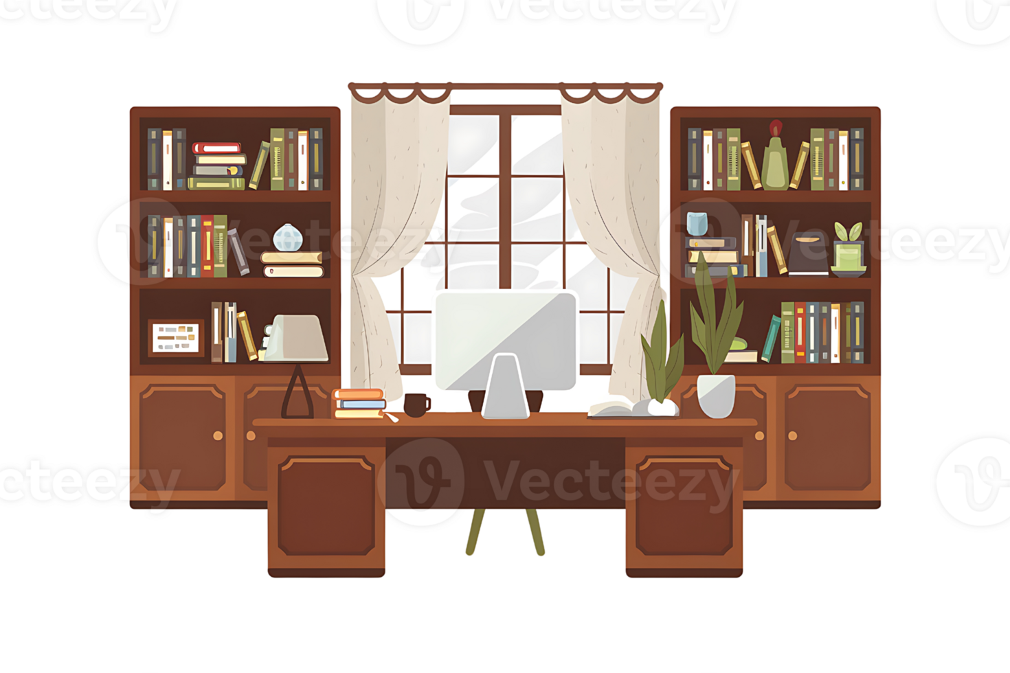 illustration of a home office with a desk computer bookshelves and a window on transparent background png