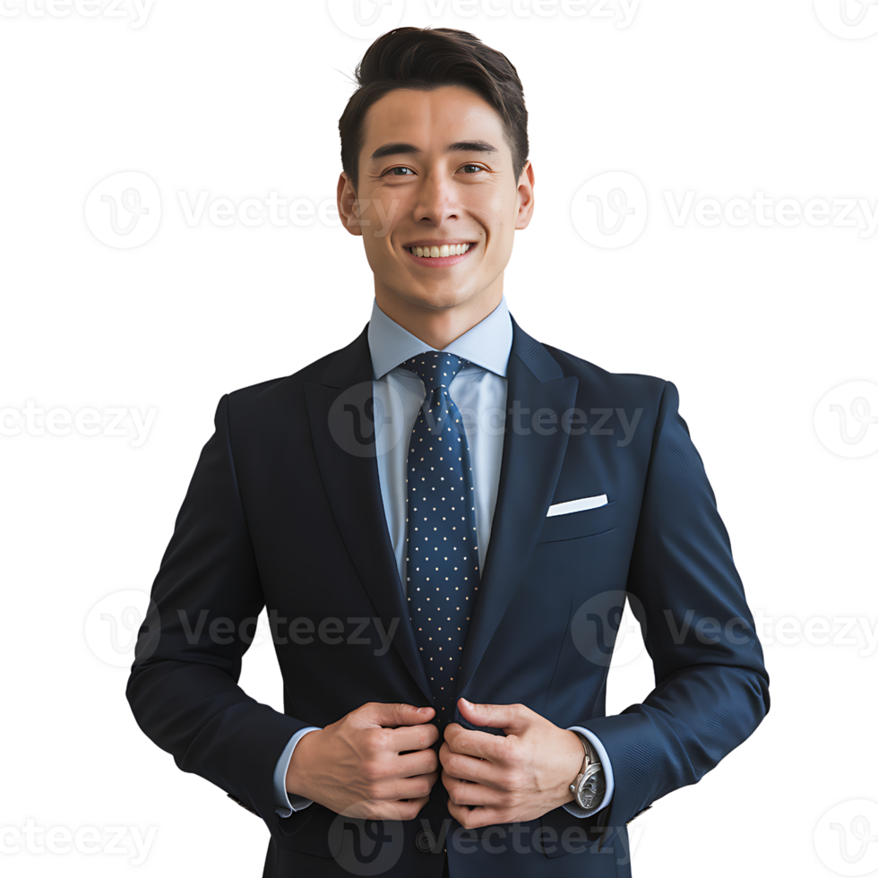 man in a formal suit adjusting his jacket with a confident on transparent background png