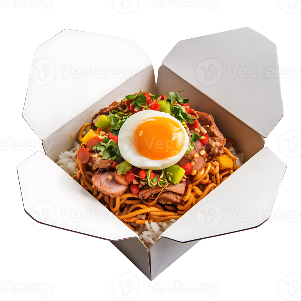 boiled egg rests atop a bed of rice noodles on a takeway box on transparent background png