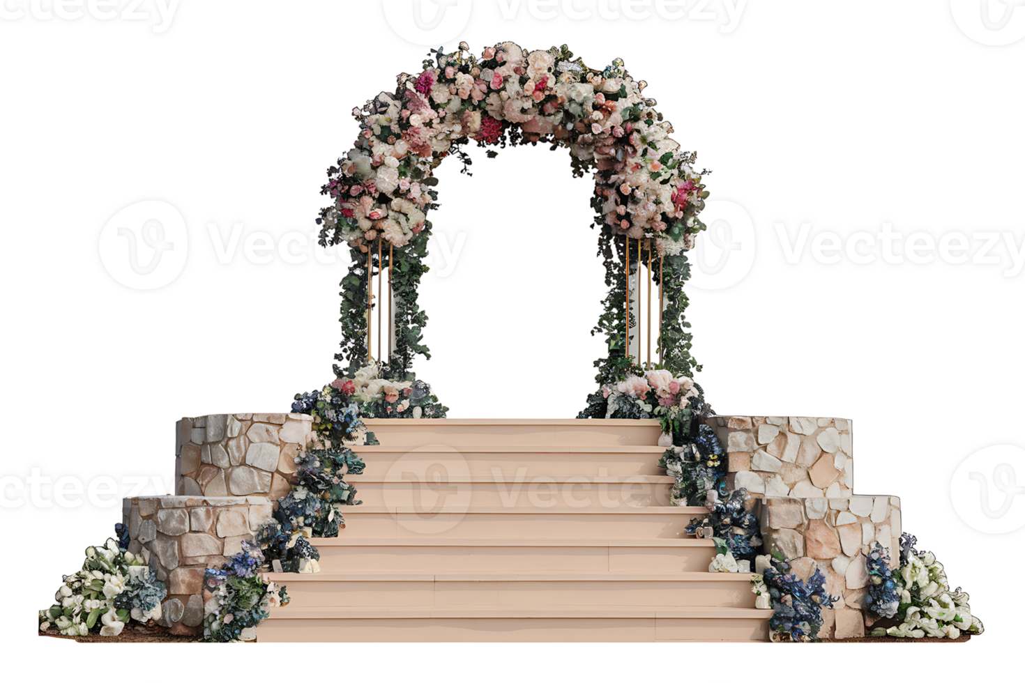 floral archway adorns the top of a stone constructed staircase on transparent background png