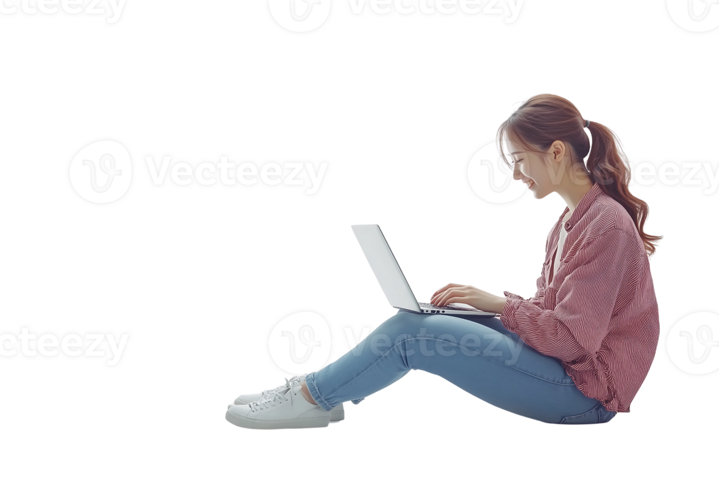 A woman sitting on the floor with a laptop png