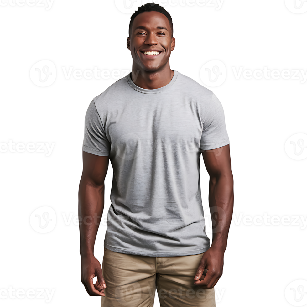 african man smiling while wearing a gray shirt and khaki shorts on transparent background png
