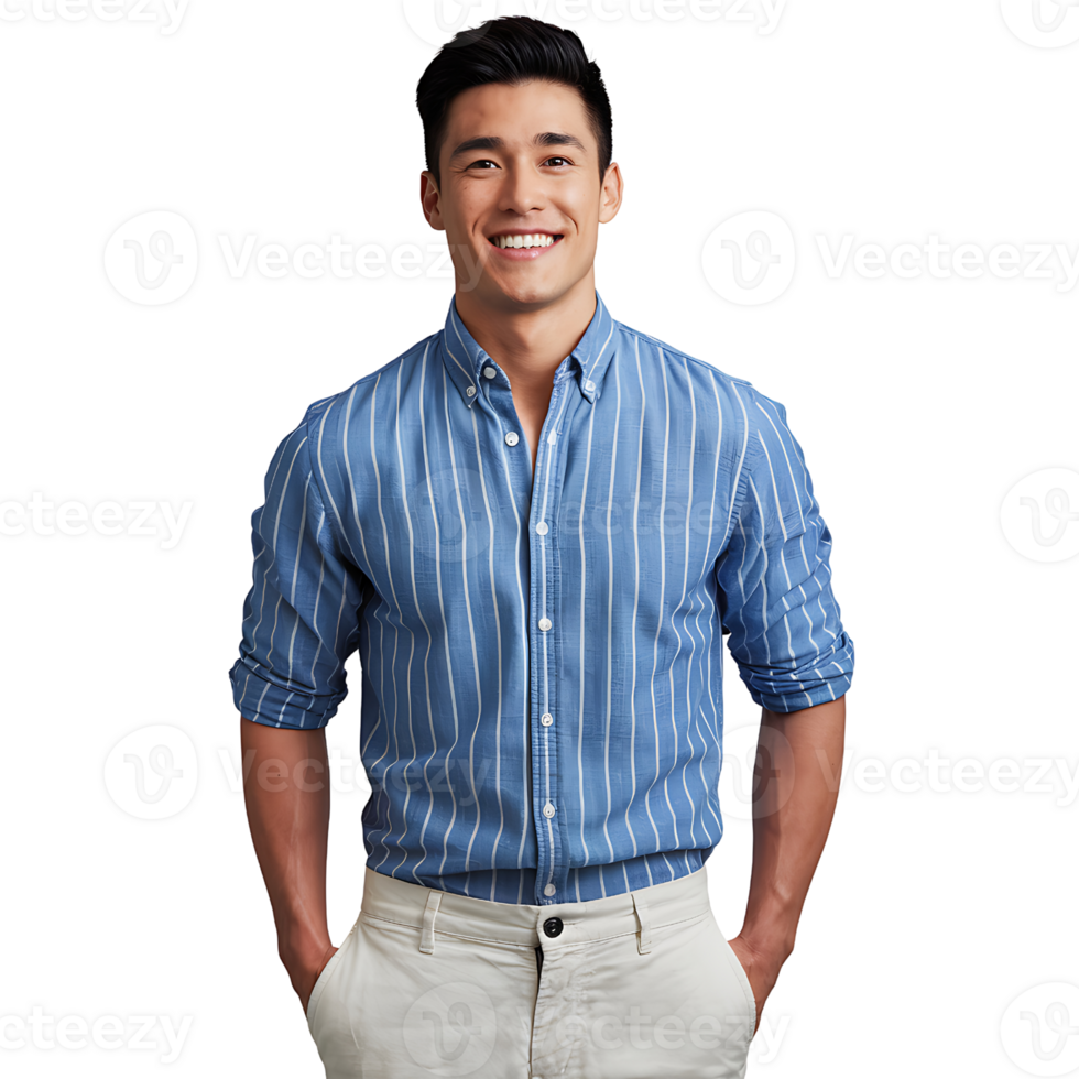 man smiling while wearing a blue striped shirt and white chinos on transparent background png