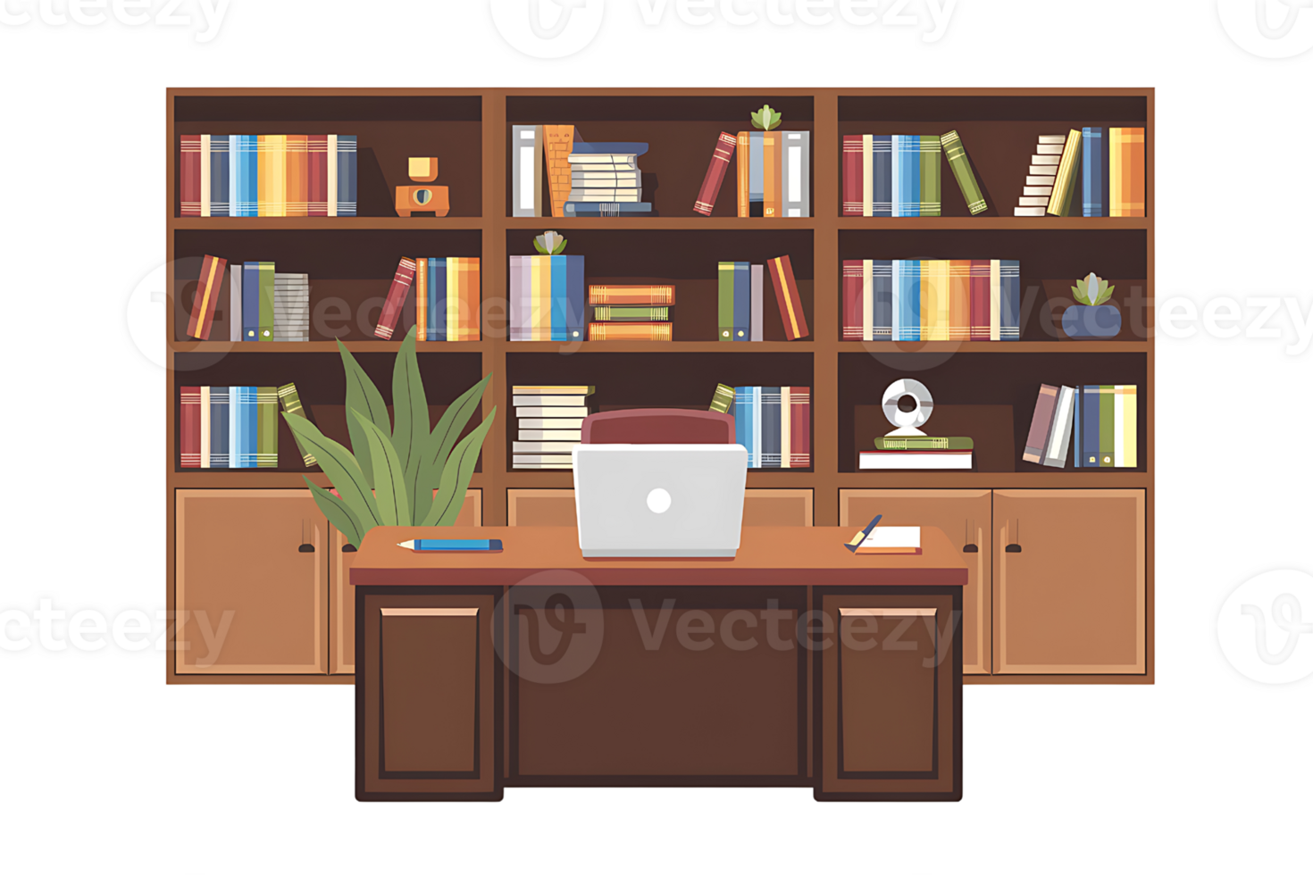 wooden desk with a laptop computer and a plant sits in front of a bookshelf filled with books on transparent background png